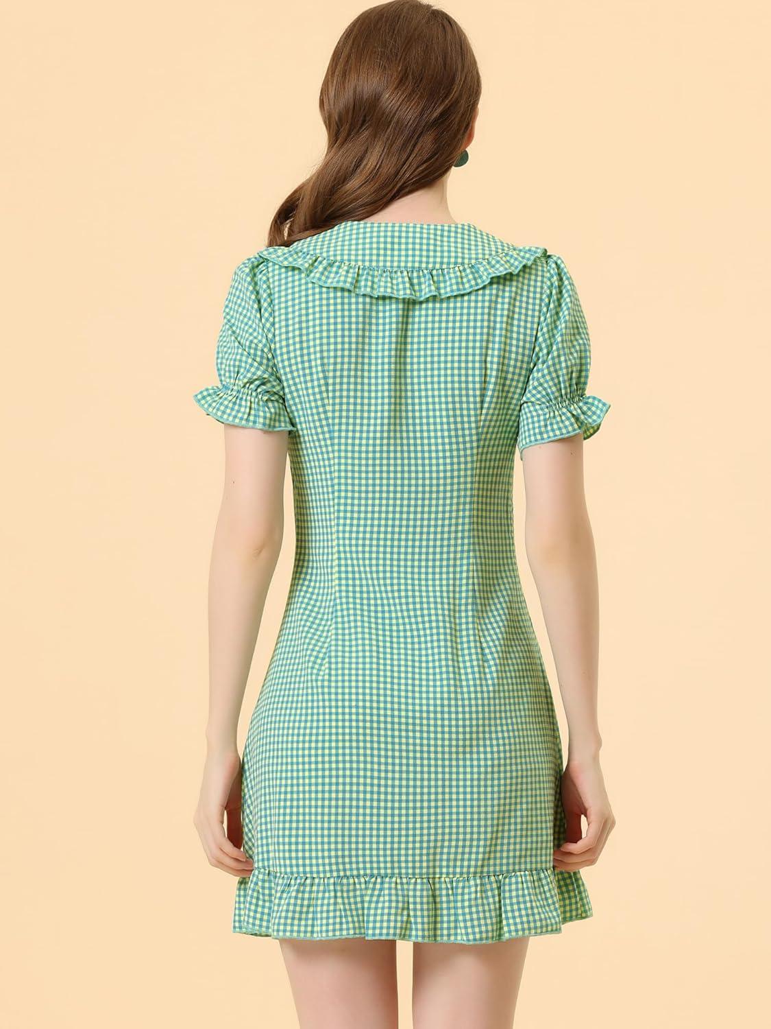 imageAllegra K Womens Gingham Checks Ruffled Peter Pan Collar Cute Mini DressBlue Yellow