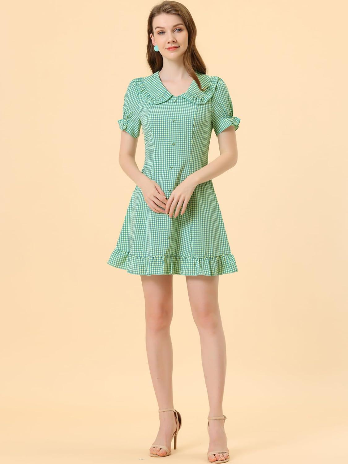 imageAllegra K Womens Gingham Checks Ruffled Peter Pan Collar Cute Mini DressBlue Yellow