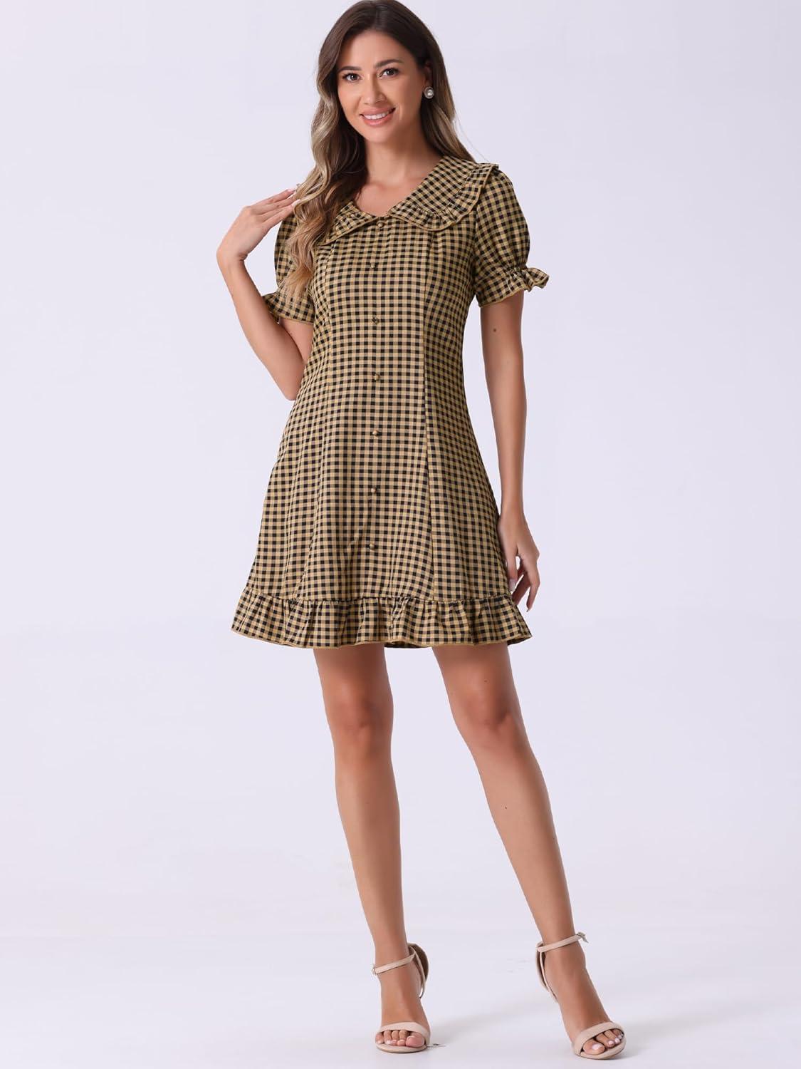 imageAllegra K Womens Gingham Checks Ruffled Peter Pan Collar Cute Mini DressDark Brown