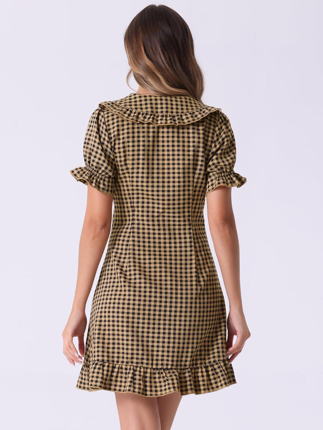 imageAllegra K Womens Gingham Checks Ruffled Peter Pan Collar Cute Mini DressDark Brown