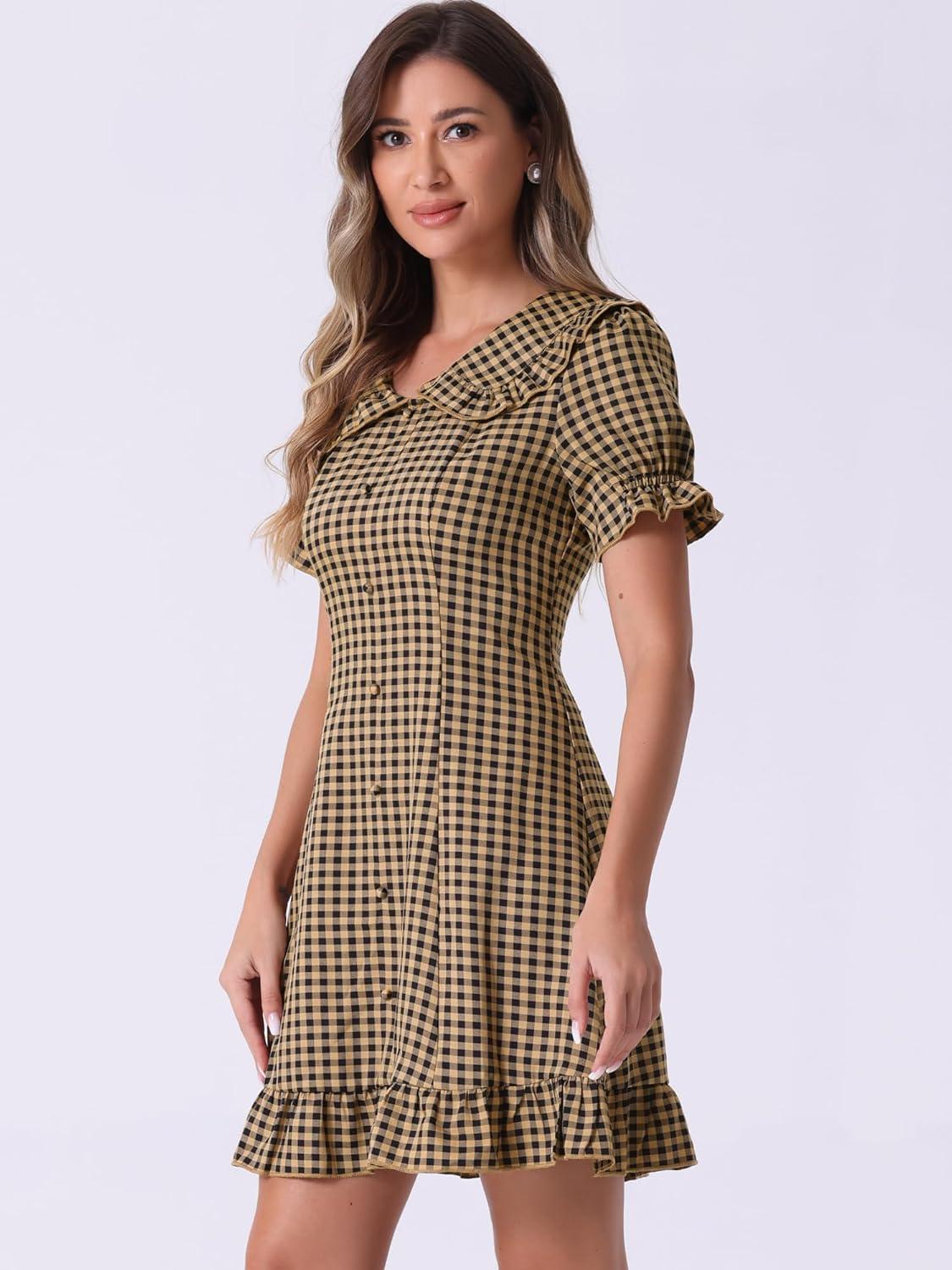 imageAllegra K Womens Gingham Checks Ruffled Peter Pan Collar Cute Mini DressDark Brown