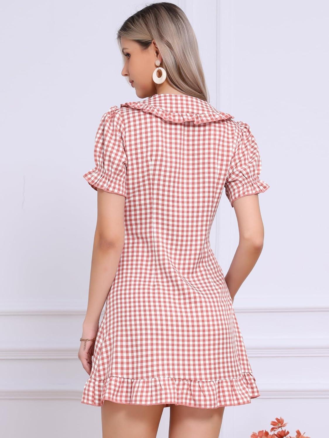 imageAllegra K Womens Gingham Checks Ruffled Peter Pan Collar Cute Mini DressDark Pink