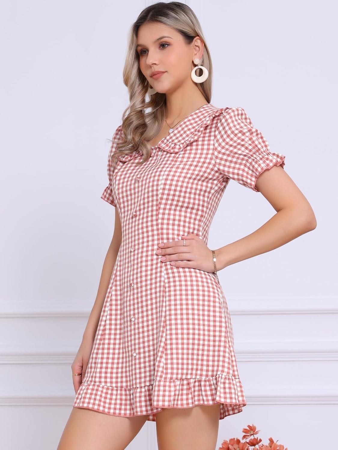 imageAllegra K Womens Gingham Checks Ruffled Peter Pan Collar Cute Mini DressDark Pink