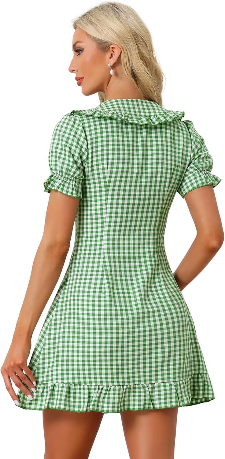 imageAllegra K Womens Gingham Checks Ruffled Peter Pan Collar Cute Mini DressGreen White