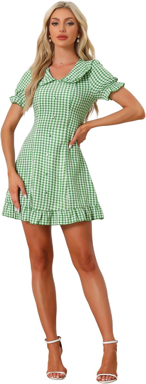 imageAllegra K Womens Gingham Checks Ruffled Peter Pan Collar Cute Mini DressGreen White