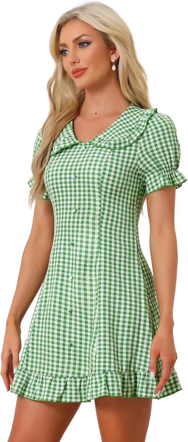 imageAllegra K Womens Gingham Checks Ruffled Peter Pan Collar Cute Mini DressGreen White