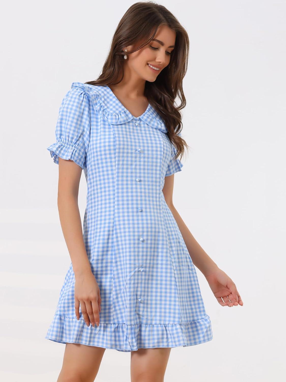 imageAllegra K Womens Gingham Checks Ruffled Peter Pan Collar Cute Mini DressLight Blue