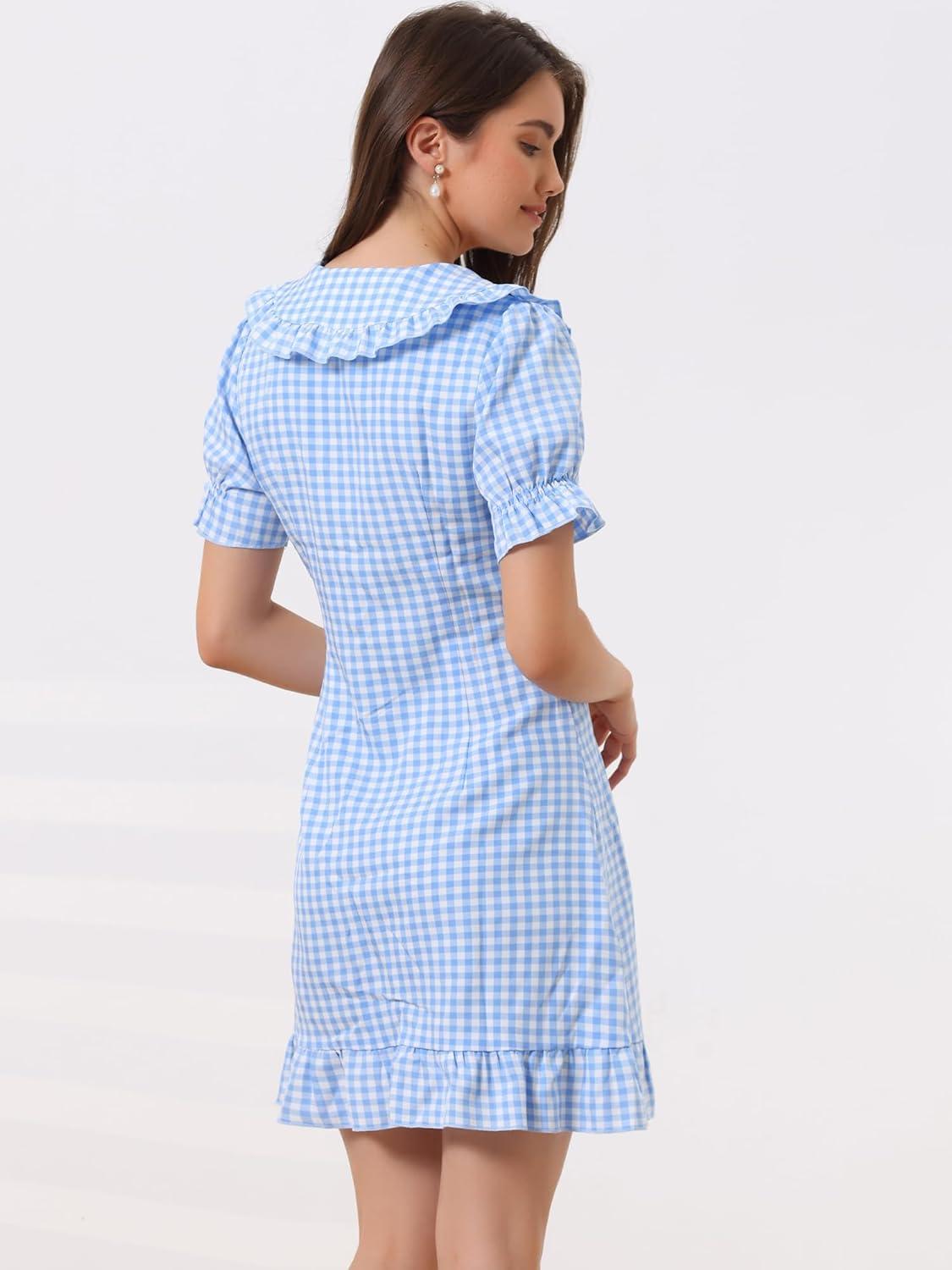 imageAllegra K Womens Gingham Checks Ruffled Peter Pan Collar Cute Mini DressLight Blue