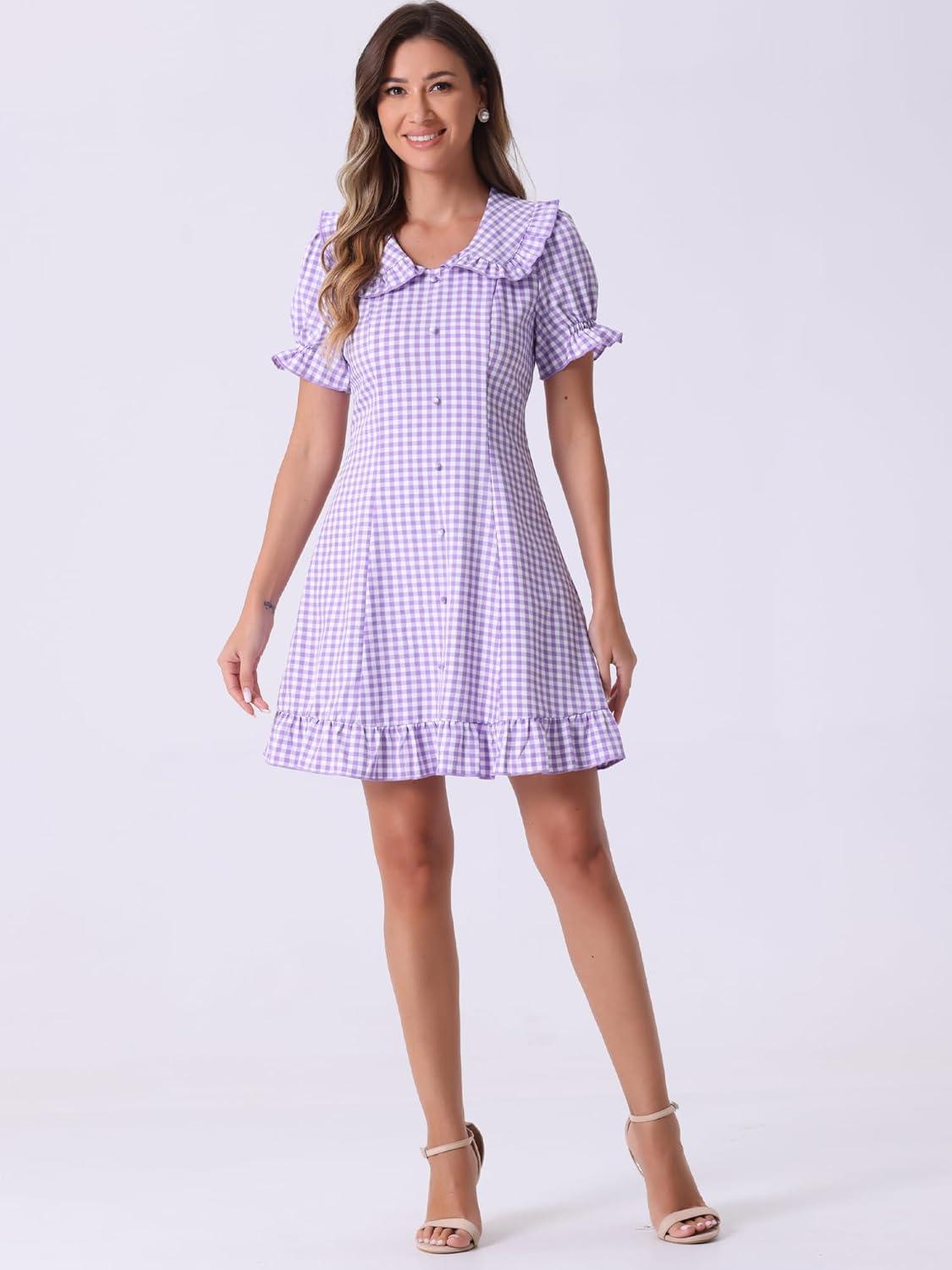 imageAllegra K Womens Gingham Checks Ruffled Peter Pan Collar Cute Mini DressLight Purple