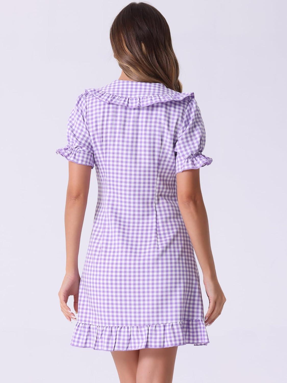 imageAllegra K Womens Gingham Checks Ruffled Peter Pan Collar Cute Mini DressLight Purple