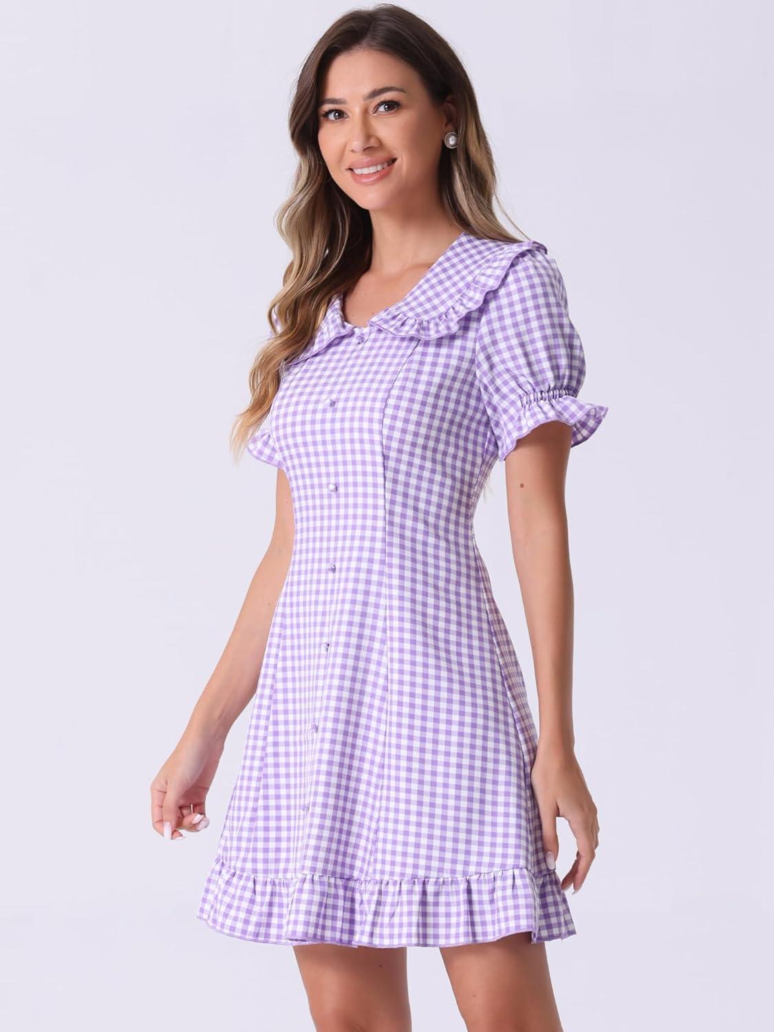 imageAllegra K Womens Gingham Checks Ruffled Peter Pan Collar Cute Mini DressLight Purple