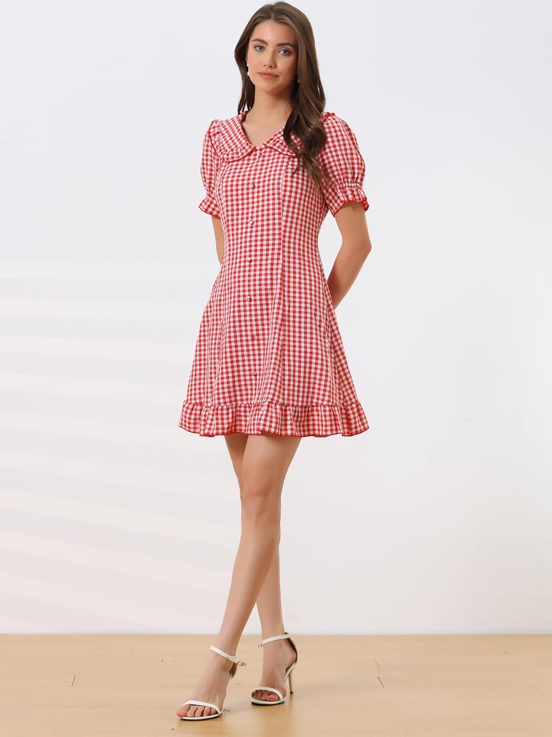 imageAllegra K Womens Gingham Checks Ruffled Peter Pan Collar Cute Mini DressRed