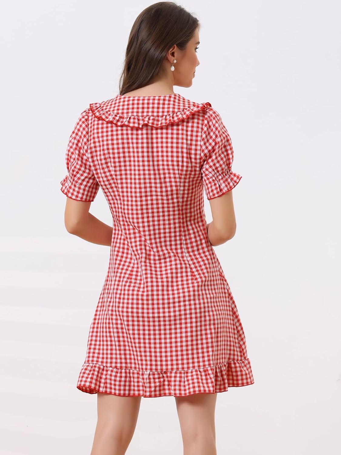 imageAllegra K Womens Gingham Checks Ruffled Peter Pan Collar Cute Mini DressRed