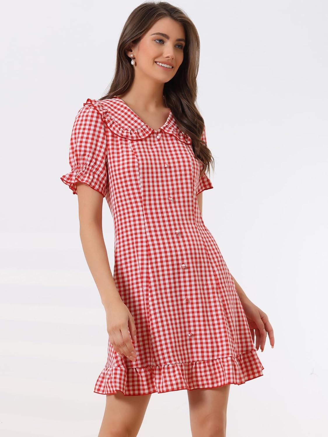 imageAllegra K Womens Gingham Checks Ruffled Peter Pan Collar Cute Mini DressRed
