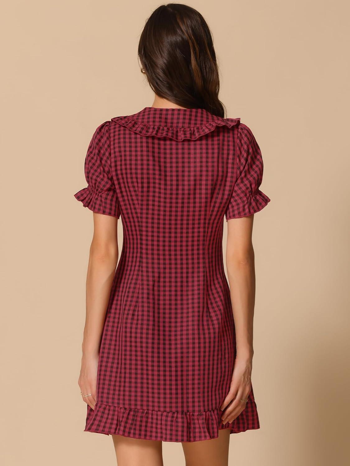 imageAllegra K Womens Gingham Checks Ruffled Peter Pan Collar Cute Mini DressRed Black