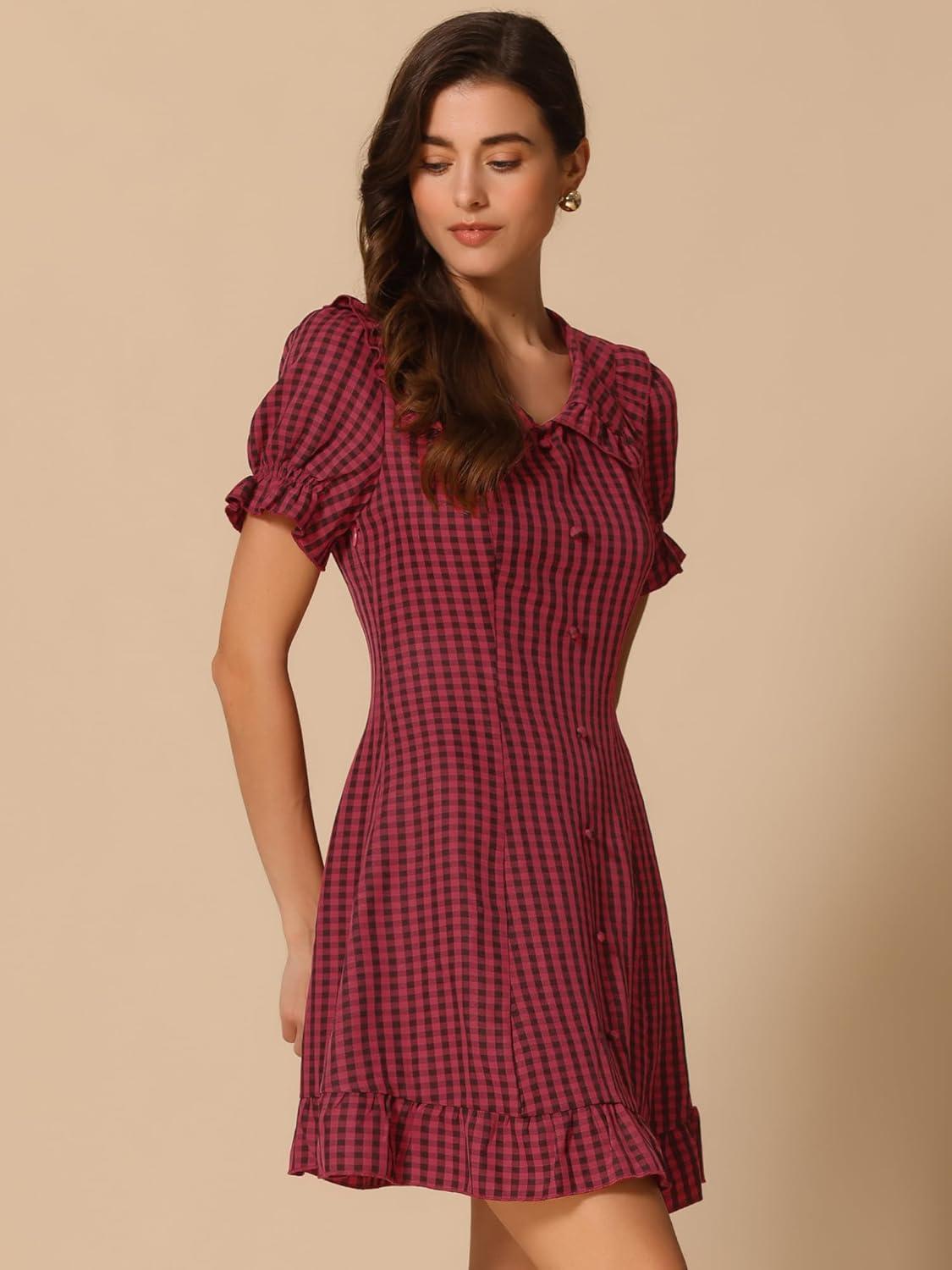imageAllegra K Womens Gingham Checks Ruffled Peter Pan Collar Cute Mini DressRed Black