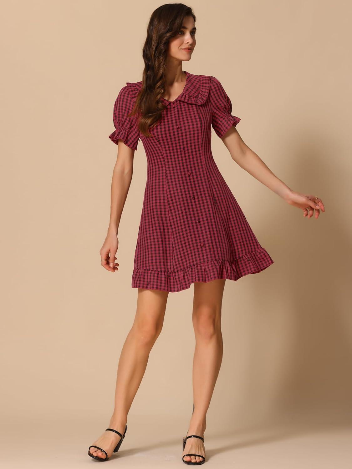 imageAllegra K Womens Gingham Checks Ruffled Peter Pan Collar Cute Mini DressRed Black