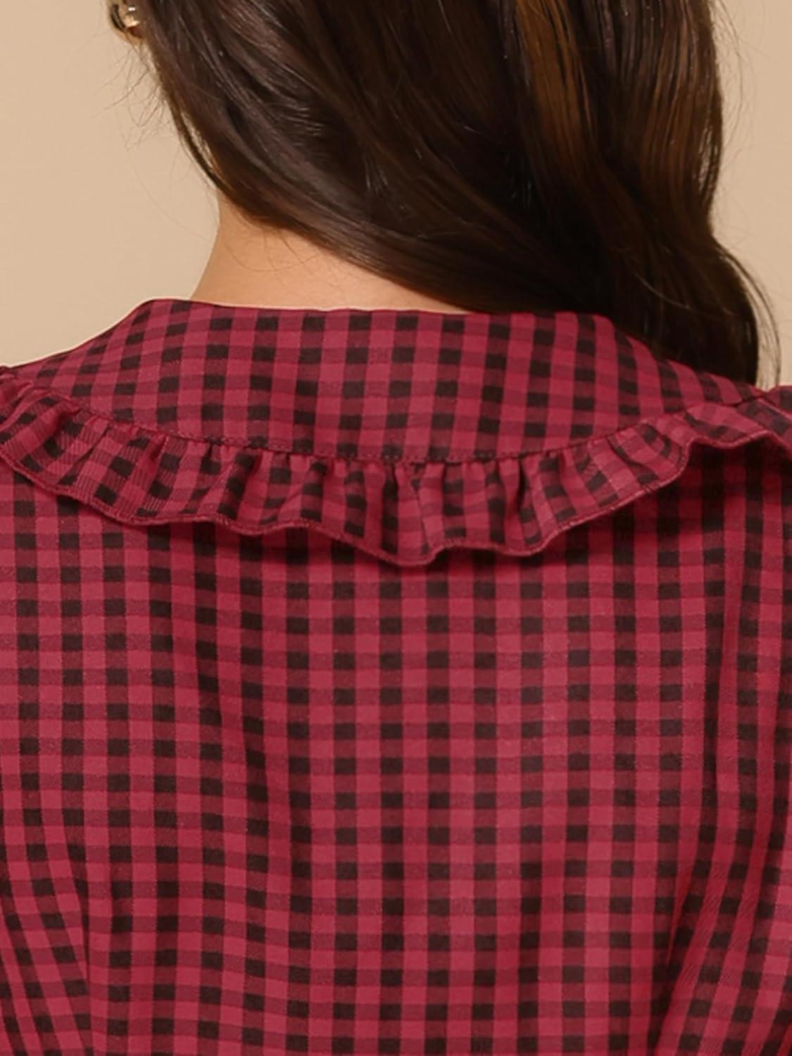 imageAllegra K Womens Gingham Checks Ruffled Peter Pan Collar Cute Mini DressRed Black