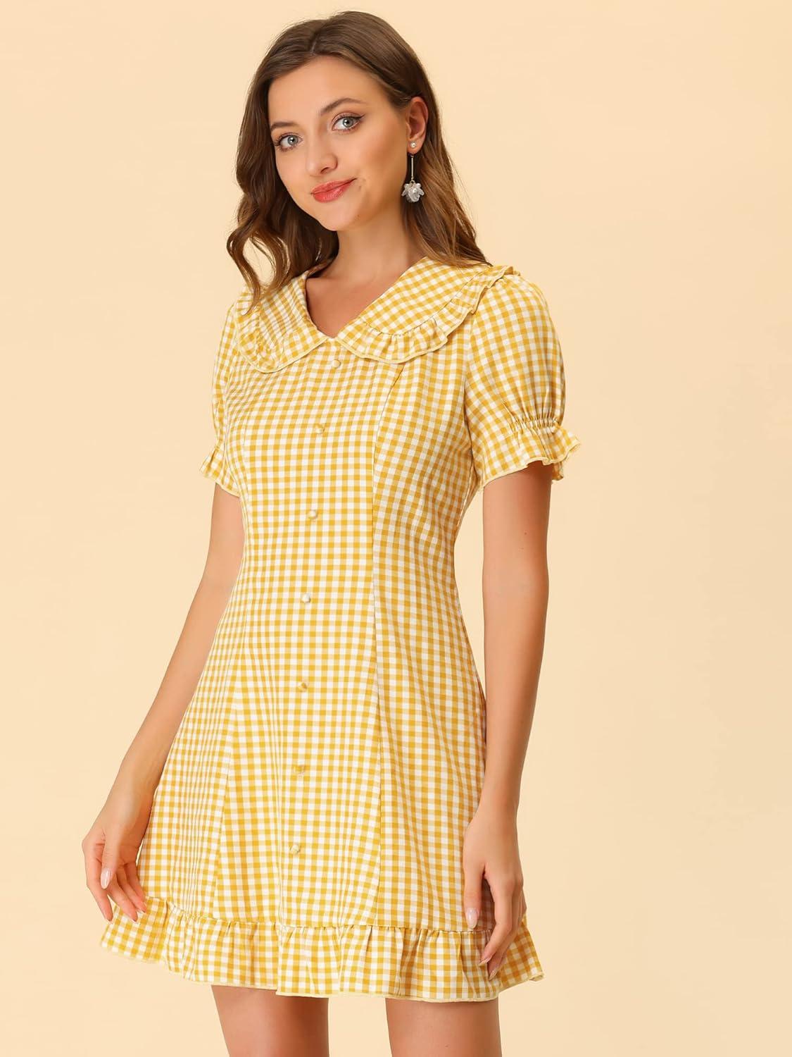 imageAllegra K Womens Gingham Checks Ruffled Peter Pan Collar Cute Mini DressYellow