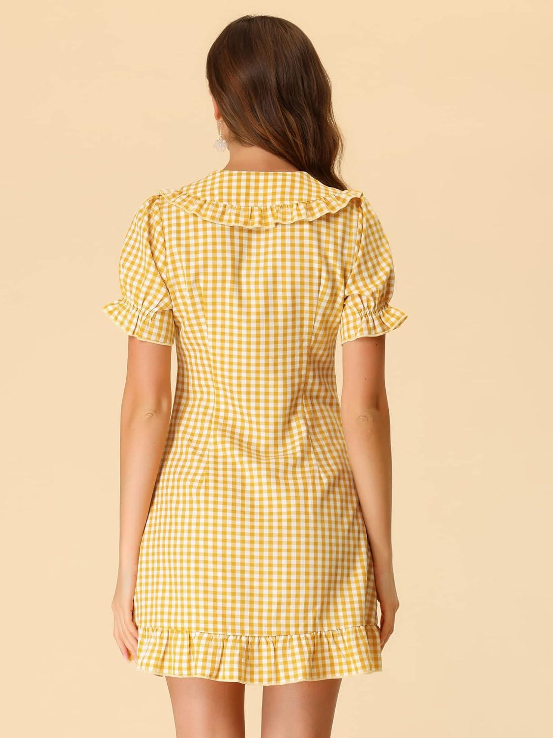 imageAllegra K Womens Gingham Checks Ruffled Peter Pan Collar Cute Mini DressYellow