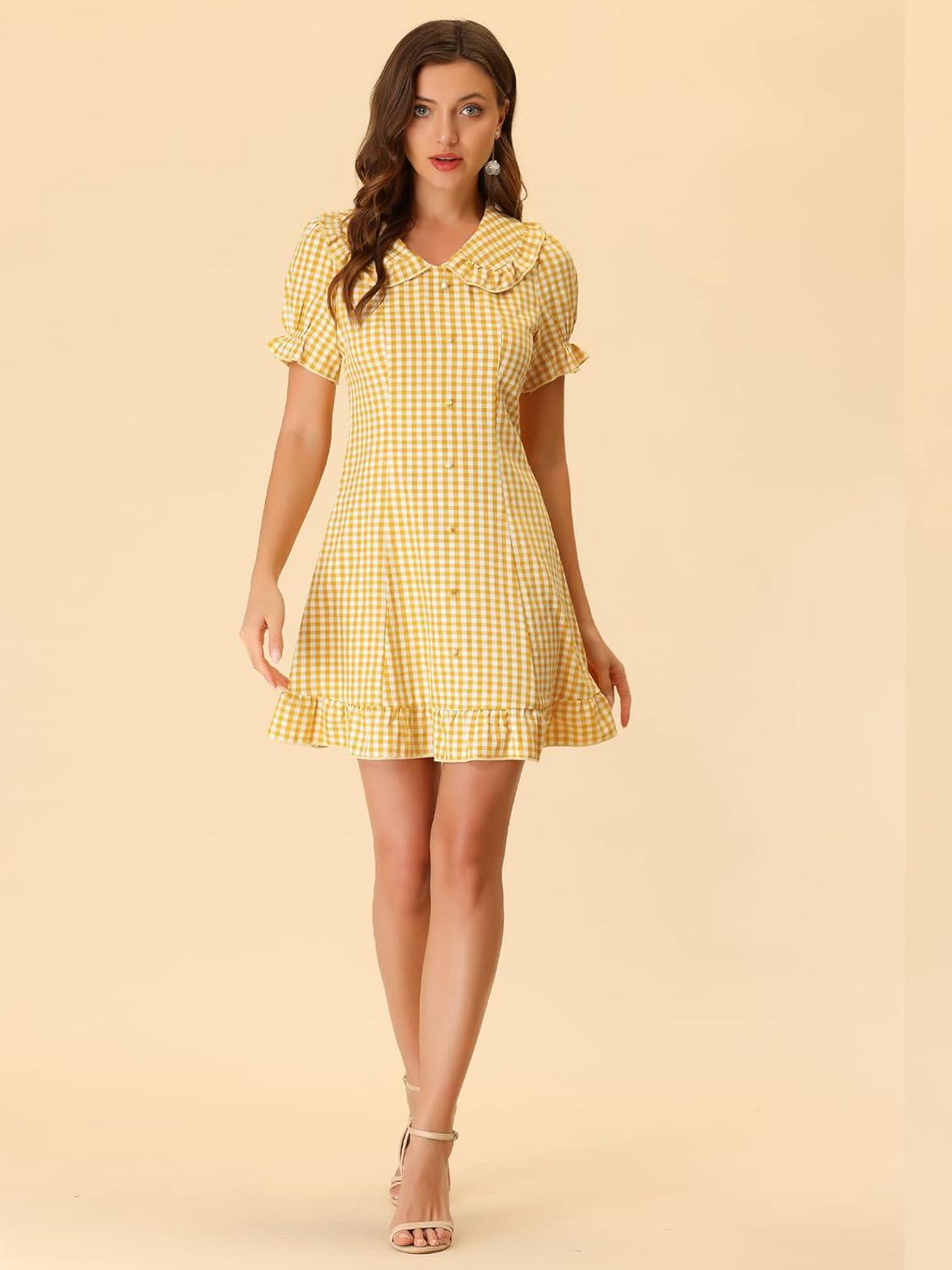 imageAllegra K Womens Gingham Checks Ruffled Peter Pan Collar Cute Mini DressYellow