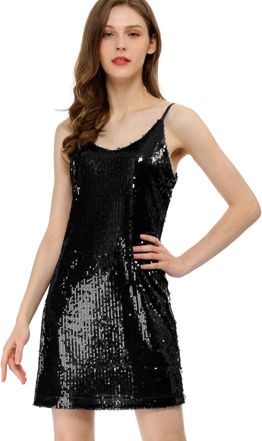 imageAllegra K Womens Glitter Sequin Dress Spaghetti Strap V Neck Party Cocktail Sparkly Mini Dress ClubwearBlack