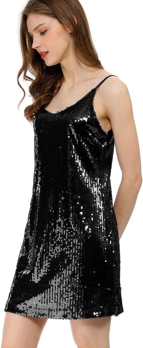 imageAllegra K Womens Glitter Sequin Dress Spaghetti Strap V Neck Party Cocktail Sparkly Mini Dress ClubwearBlack