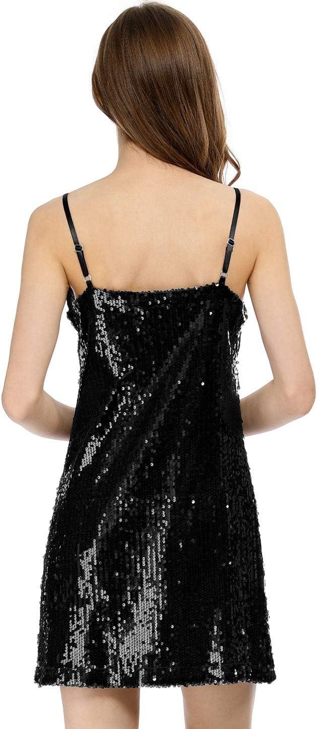 imageAllegra K Womens Glitter Sequin Dress Spaghetti Strap V Neck Party Cocktail Sparkly Mini Dress ClubwearBlack