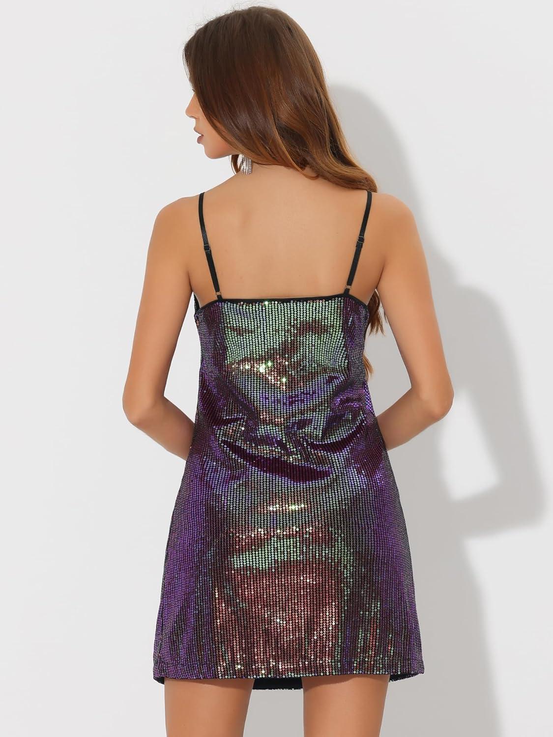 imageAllegra K Womens Glitter Sequin Dress Spaghetti Strap V Neck Party Cocktail Sparkly Mini Dress ClubwearBlack Green Purple