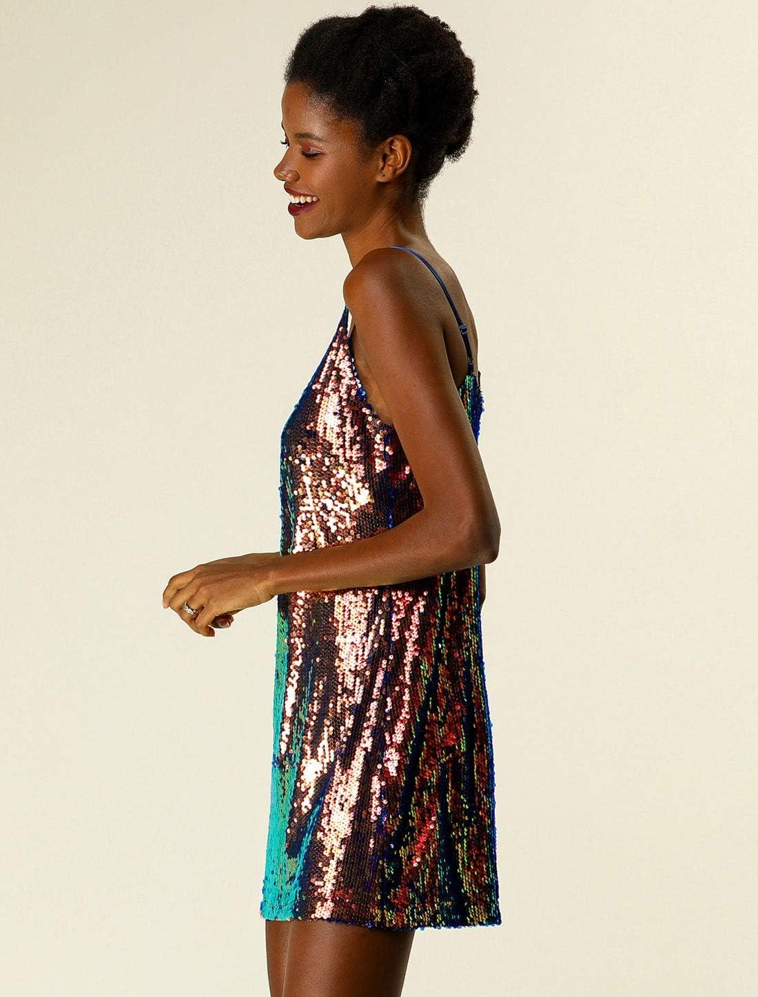 imageAllegra K Womens Glitter Sequin Dress Spaghetti Strap V Neck Party Cocktail Sparkly Mini Dress ClubwearMermaid