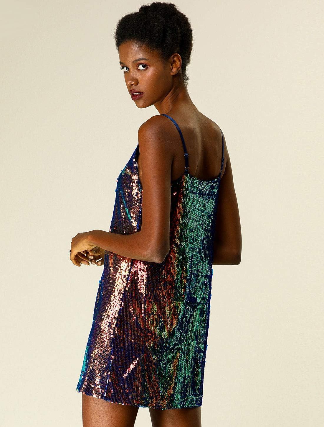 imageAllegra K Womens Glitter Sequin Dress Spaghetti Strap V Neck Party Cocktail Sparkly Mini Dress ClubwearMermaid