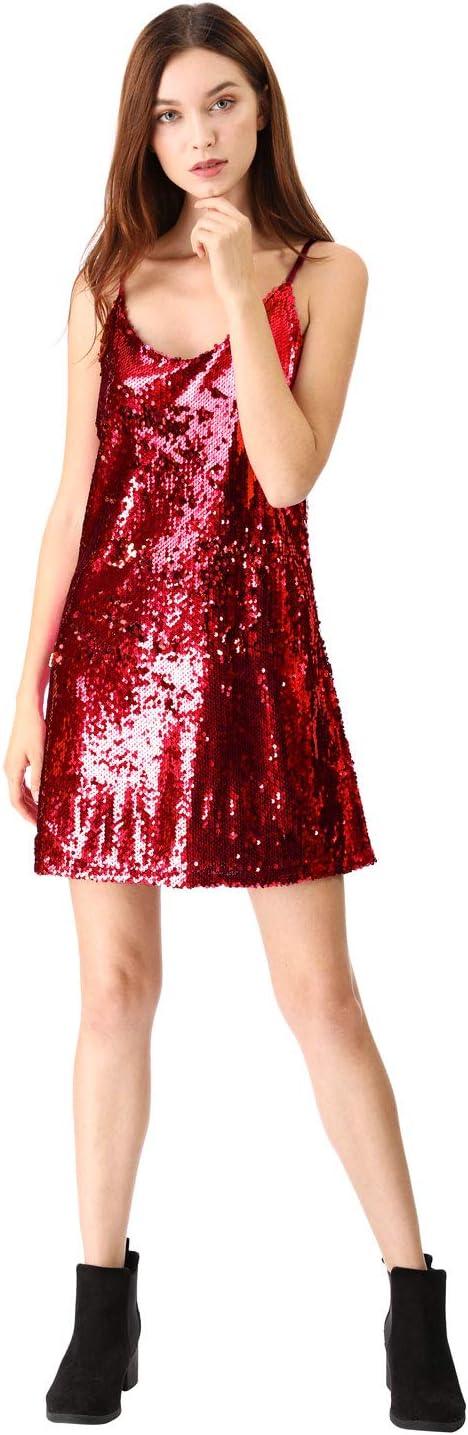 imageAllegra K Womens Glitter Sequin Dress Spaghetti Strap V Neck Party Cocktail Sparkly Mini Dress ClubwearRed
