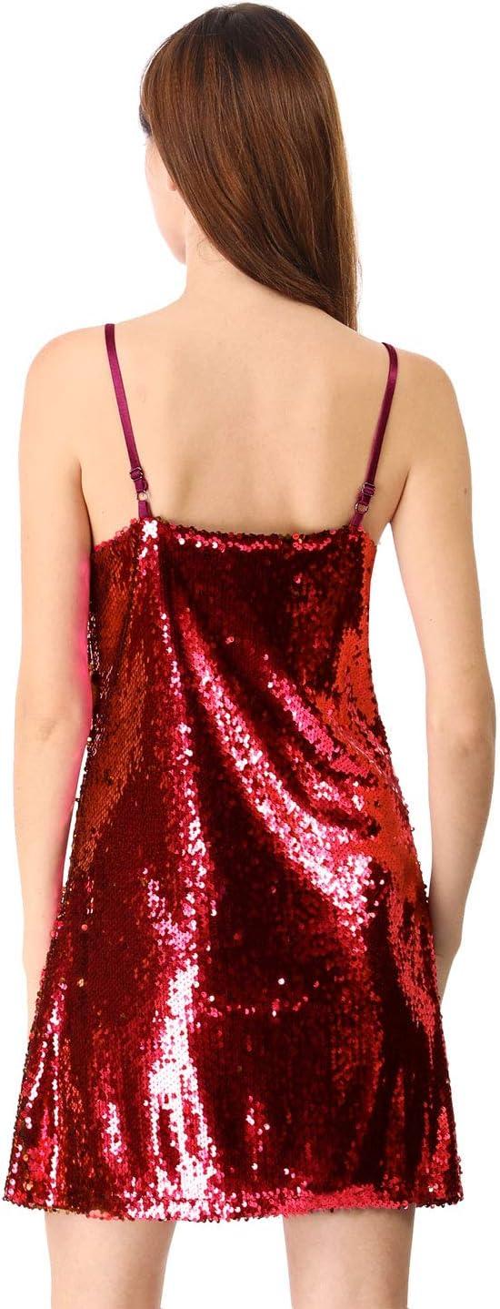 imageAllegra K Womens Glitter Sequin Dress Spaghetti Strap V Neck Party Cocktail Sparkly Mini Dress ClubwearRed