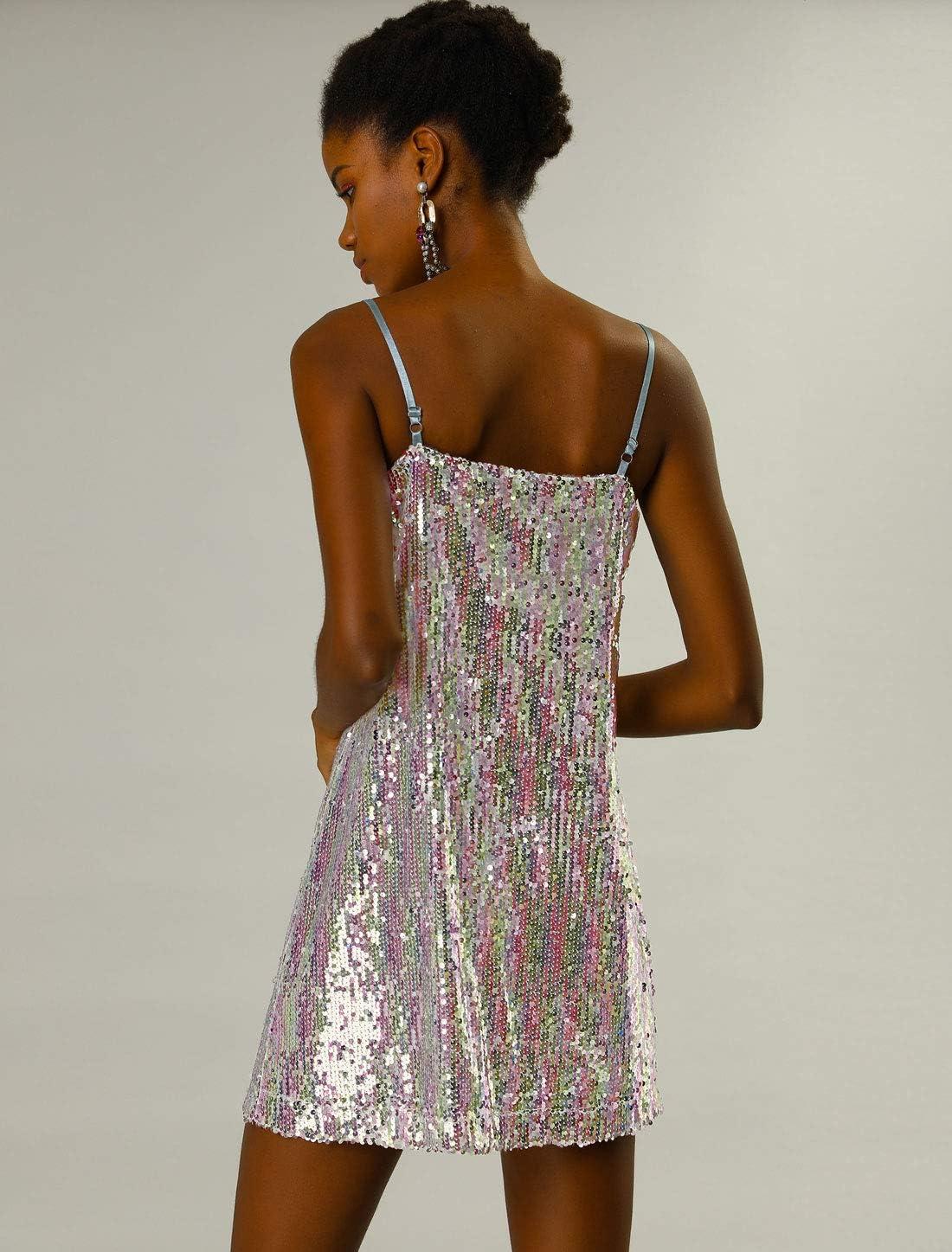 imageAllegra K Womens Glitter Sequin Dress Spaghetti Strap V Neck Party Cocktail Sparkly Mini Dress ClubwearSilver With Pinks