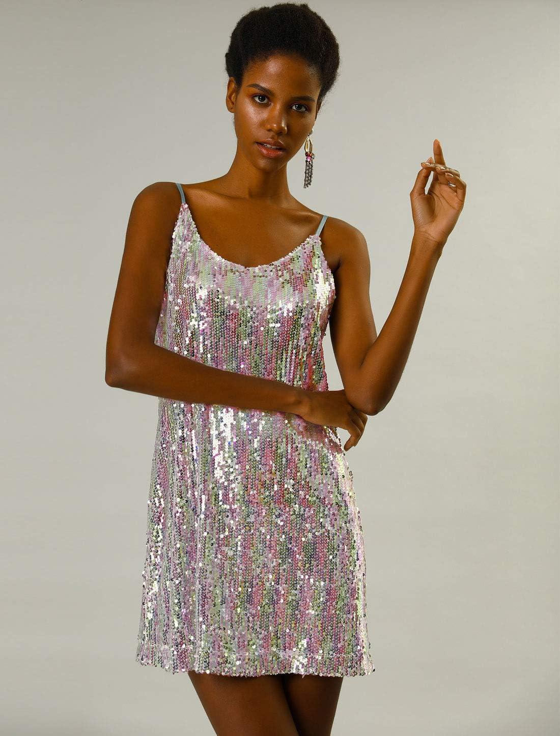 imageAllegra K Womens Glitter Sequin Dress Spaghetti Strap V Neck Party Cocktail Sparkly Mini Dress ClubwearSilver With Pinks