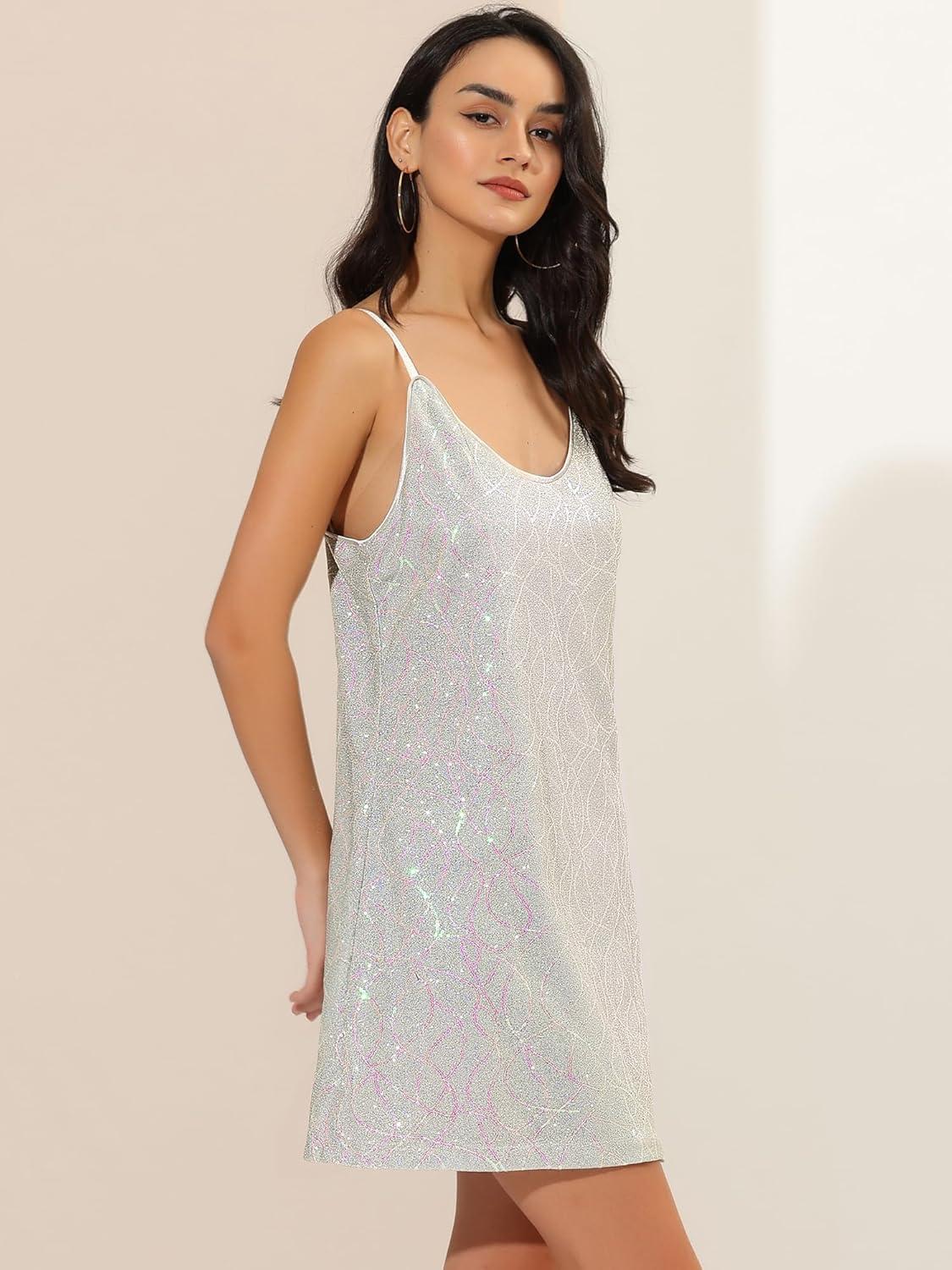 imageAllegra K Womens Glitter Sequin Dress Spaghetti Strap V Neck Party Cocktail Sparkly Mini Dress ClubwearWhite With Pinks