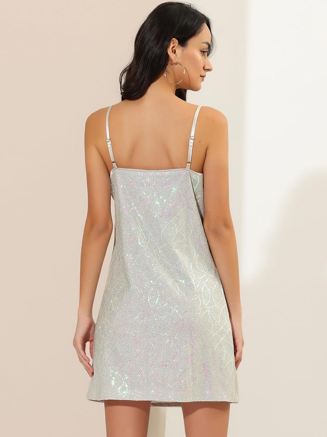 imageAllegra K Womens Glitter Sequin Dress Spaghetti Strap V Neck Party Cocktail Sparkly Mini Dress ClubwearWhite With Pinks