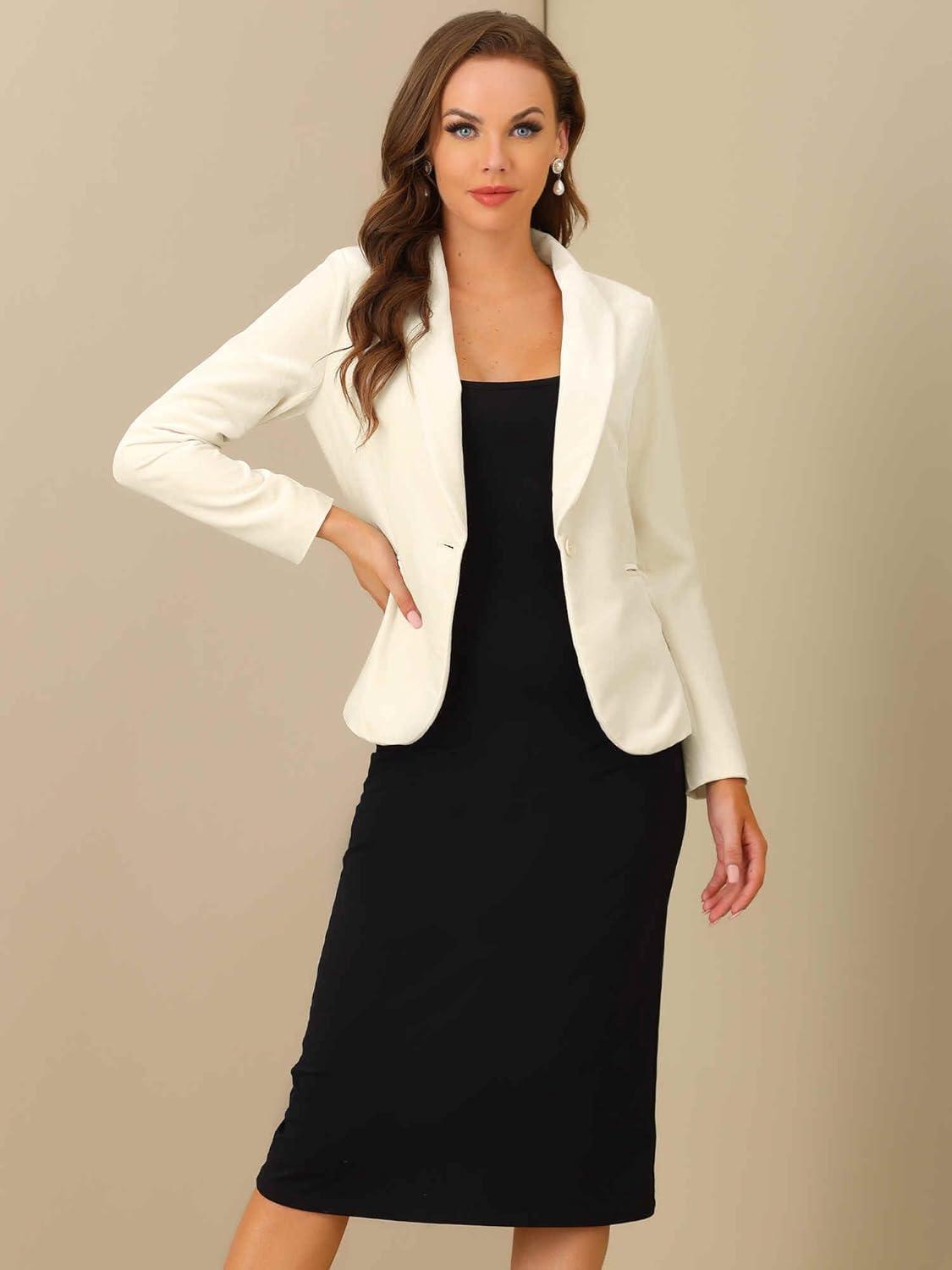 imageAllegra K Womens Halloween Christmas Office Coat Solid Shawl Collar 1 Button Velvet BlazerBeige White
