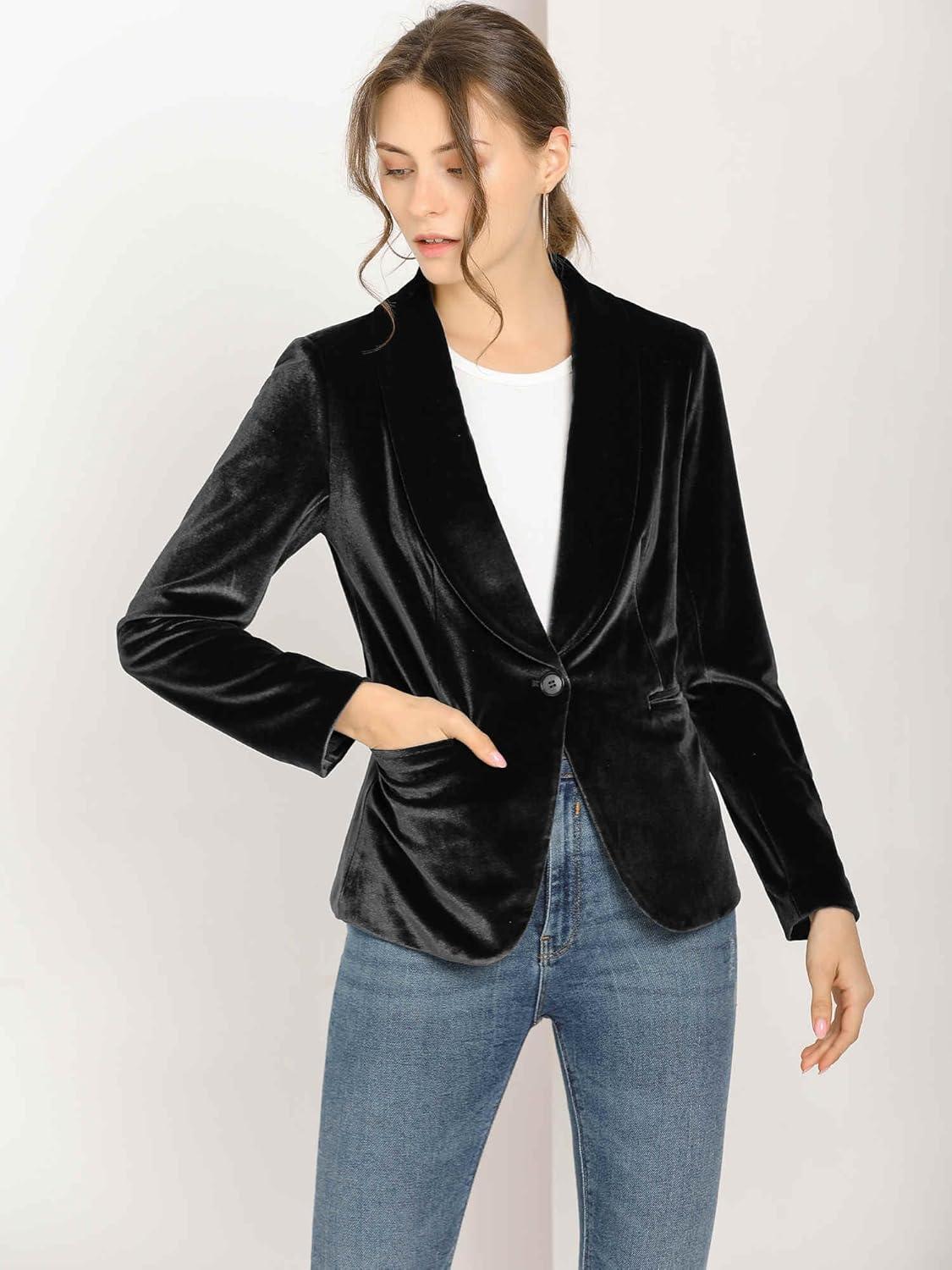 imageAllegra K Womens Halloween Christmas Office Coat Solid Shawl Collar 1 Button Velvet BlazerBlack