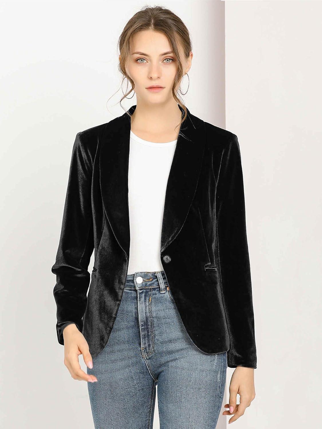 imageAllegra K Womens Halloween Christmas Office Coat Solid Shawl Collar 1 Button Velvet BlazerBlack