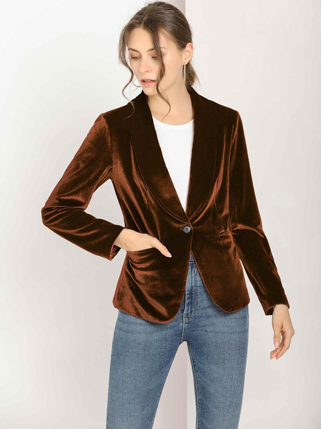 imageAllegra K Womens Halloween Christmas Office Coat Solid Shawl Collar 1 Button Velvet BlazerBrown