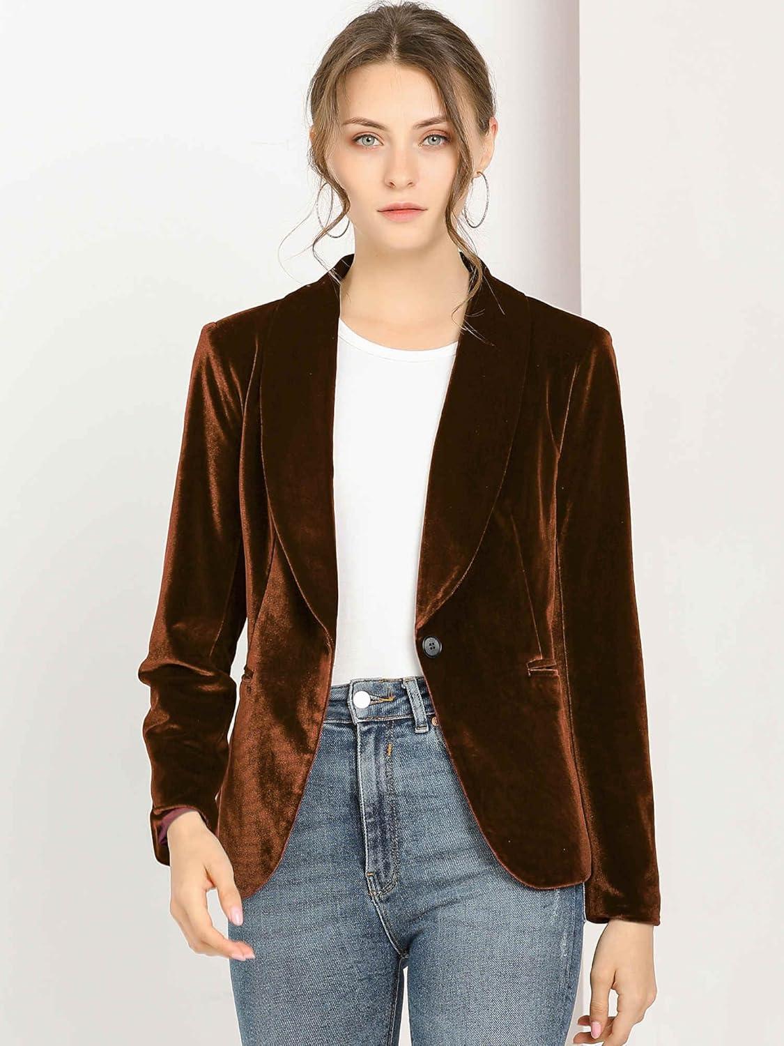 imageAllegra K Womens Halloween Christmas Office Coat Solid Shawl Collar 1 Button Velvet BlazerBrown