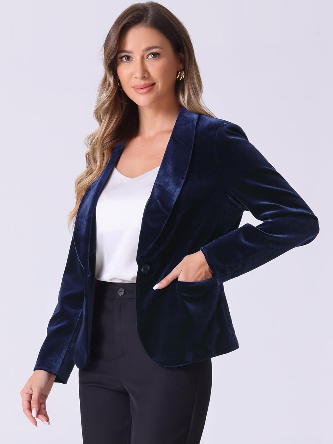 imageAllegra K Womens Halloween Christmas Office Coat Solid Shawl Collar 1 Button Velvet BlazerDark Blue