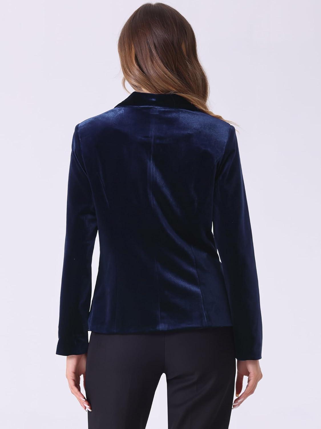 imageAllegra K Womens Halloween Christmas Office Coat Solid Shawl Collar 1 Button Velvet BlazerDark Blue