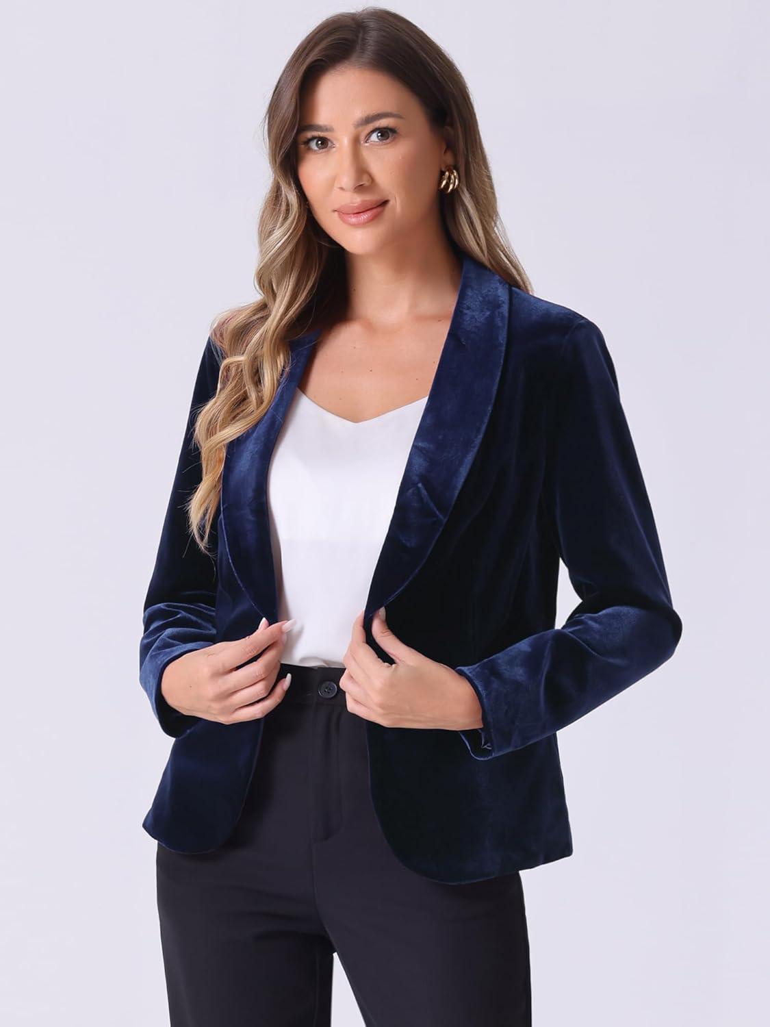 imageAllegra K Womens Halloween Christmas Office Coat Solid Shawl Collar 1 Button Velvet BlazerDark Blue