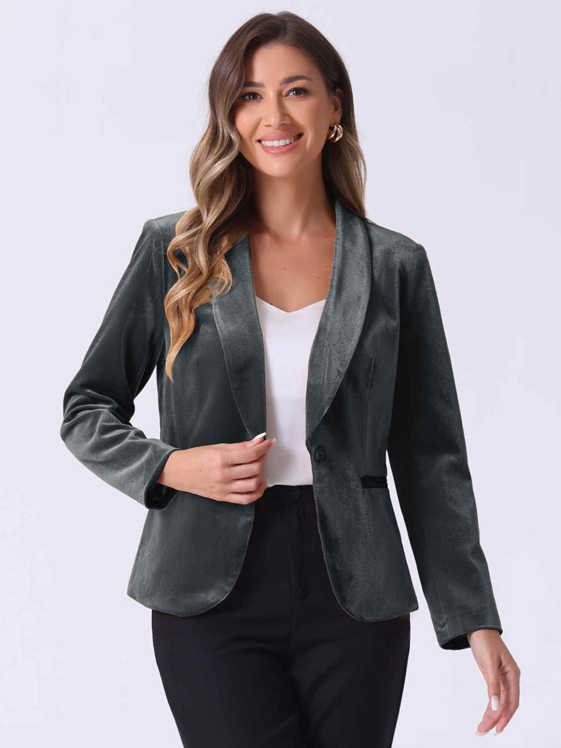 imageAllegra K Womens Halloween Christmas Office Coat Solid Shawl Collar 1 Button Velvet BlazerDark Grey