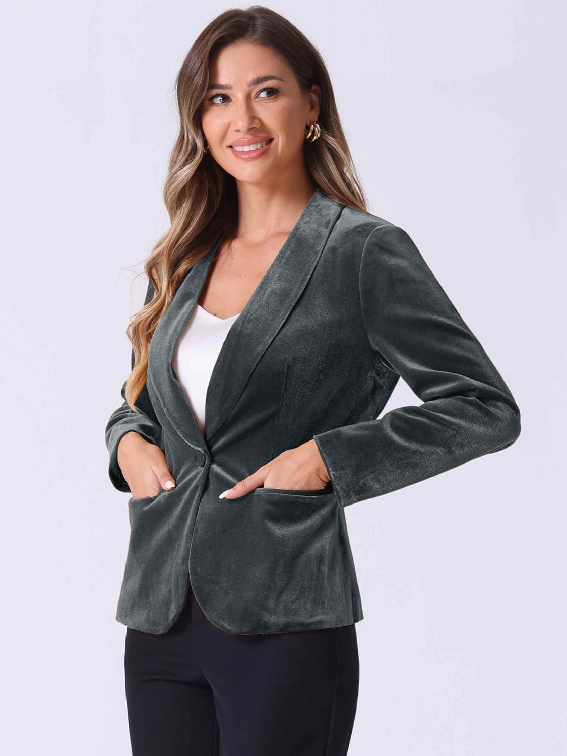 imageAllegra K Womens Halloween Christmas Office Coat Solid Shawl Collar 1 Button Velvet BlazerDark Grey