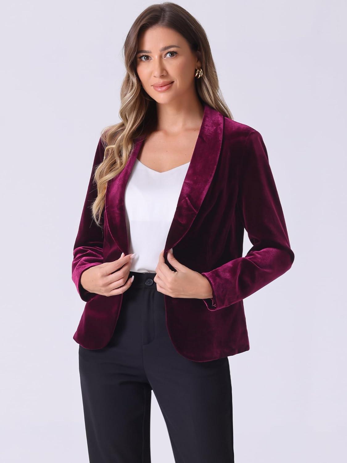 imageAllegra K Womens Halloween Christmas Office Coat Solid Shawl Collar 1 Button Velvet BlazerDark Red