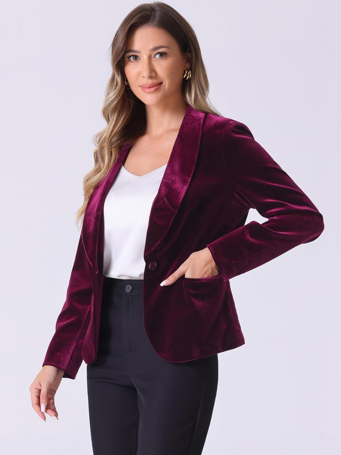 imageAllegra K Womens Halloween Christmas Office Coat Solid Shawl Collar 1 Button Velvet BlazerDark Red