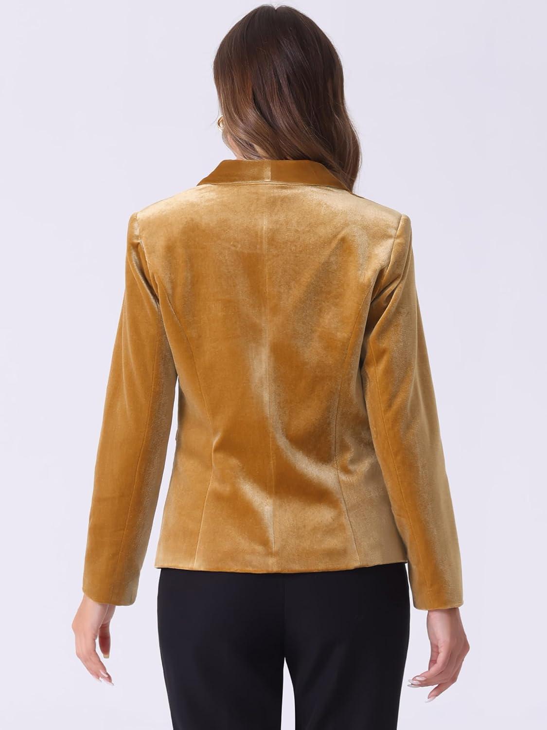 imageAllegra K Womens Halloween Christmas Office Coat Solid Shawl Collar 1 Button Velvet BlazerDark Yellow